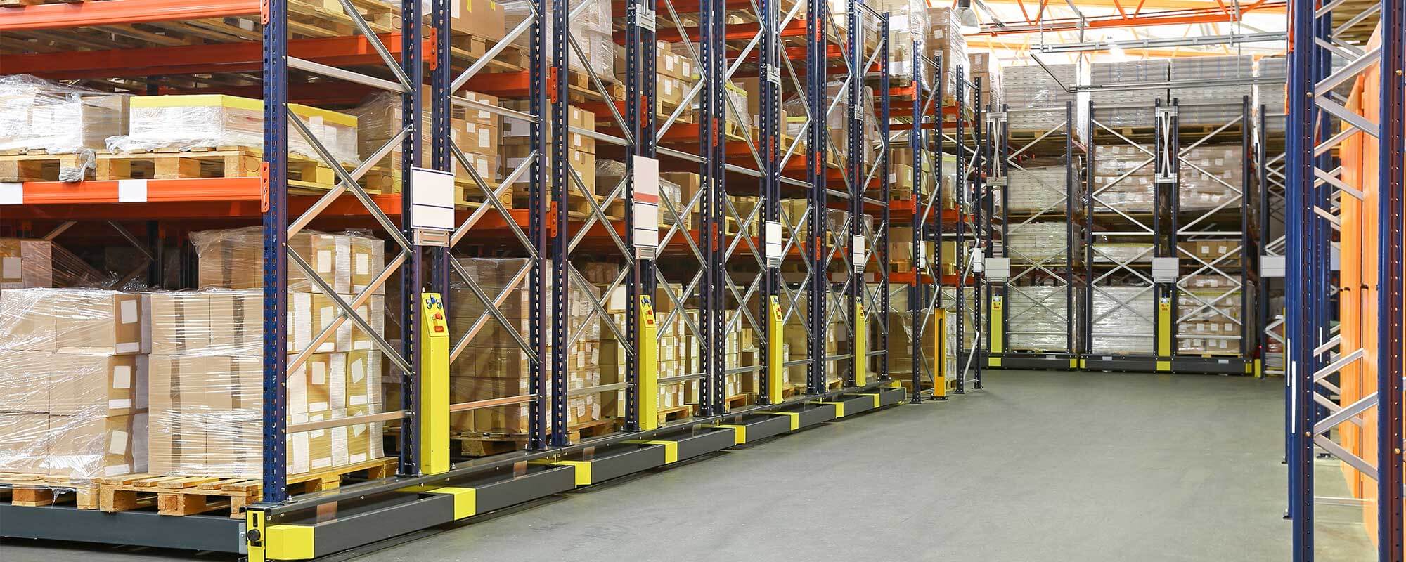 High-density mobile storage racking in a warehouse